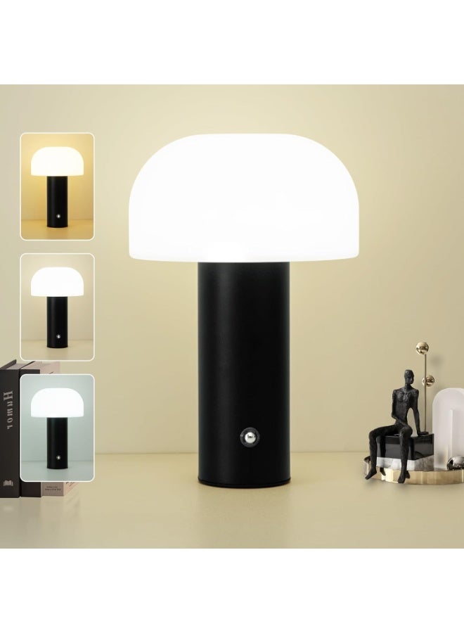 Portable cordless table lamp in a modern black design, 5200mAh battery lasting 24-49 hours, touch control for 3 color temperatures (warm 3000K, natural 4500K, white 6000K) and dimming, ideal for the kitchen, bedroom, camping or as a gift. - Image 1